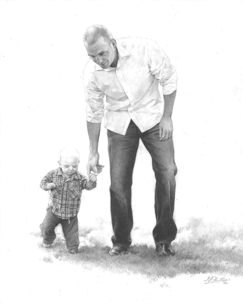 "Walking in His Footsteps", 11 x 14, pencil on paper, by artist Matt Philleo