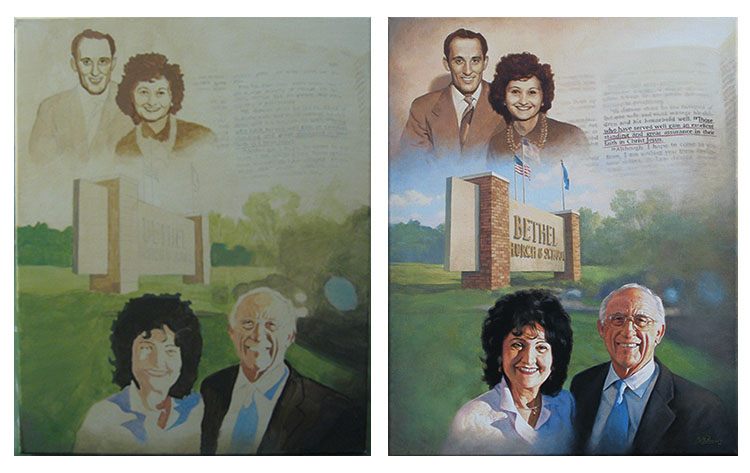 Before and After: Portrait of Pastor and Mrs. Palser, acrylic on canvas