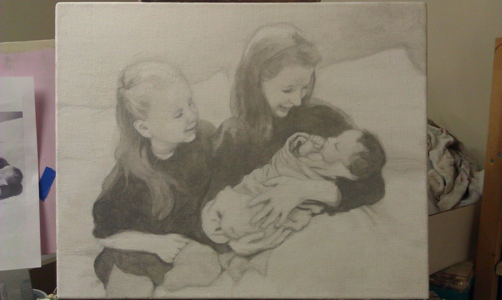 16 x 20 Acrylic on Canvas Portrait of Eric H's family, sketch, by Matt Philleo