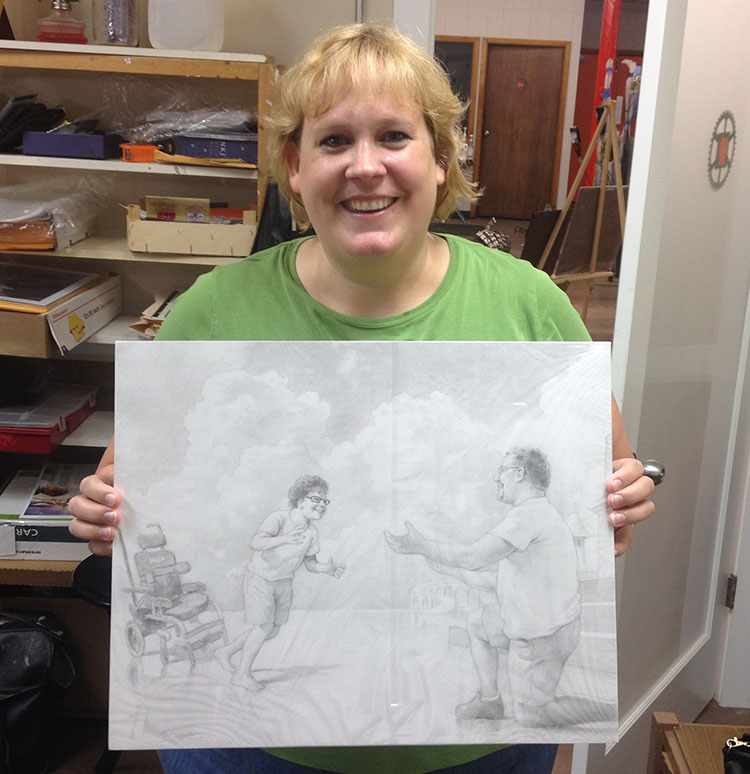 Pencil portrait artist Matt Philleo's client, Karla, holding a drawing he did of her late son and husband in July 2016.