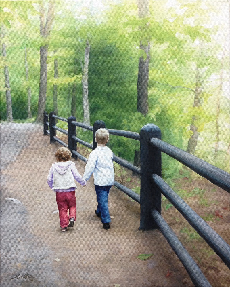realistic acrylic portrait children walking in woods