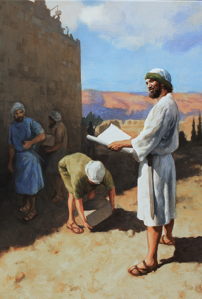 Nehemiah rebuilding the wall painting