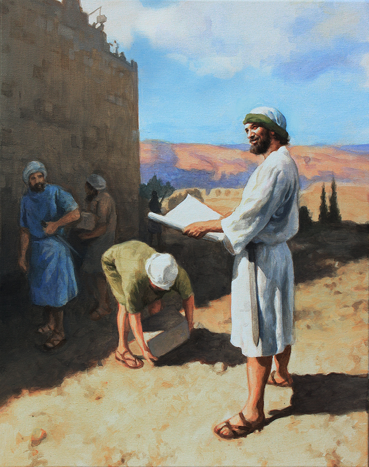 Nehemiah rebuilding the wall of Jerusalem painting image